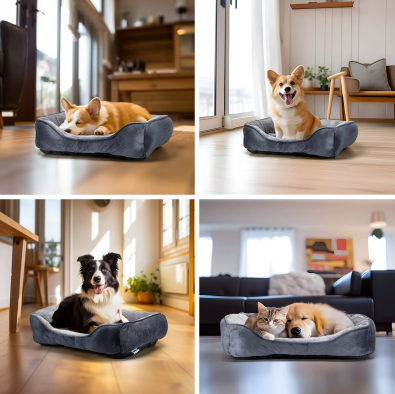 Grey orthopedic dog sofa with removable cover and zipper for easy washing