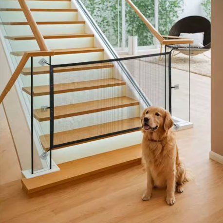 Extendable dog safety gate sturdy indoor fence used to block dogs from rooms or stairs
