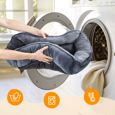 Grey orthopedic dog sofa with removable cover and zipper for easy washing