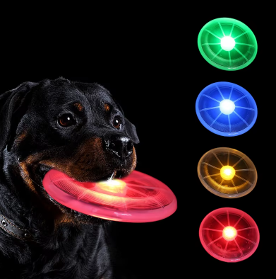 LED dog frisbee with a bright green light that glows in the dark